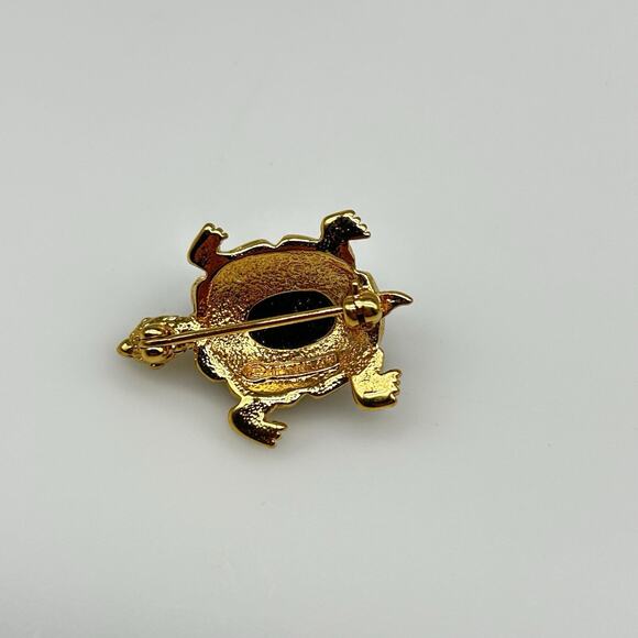 Vintage D’Orlan Gold Tone Rhinestone Turtle Brooch Pin Glass Cabochon - Picture 5 of 8